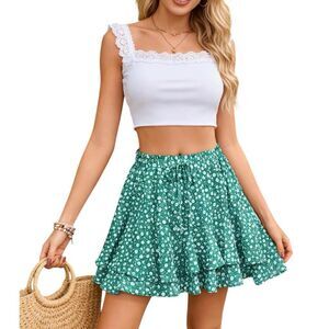 SimpleFun Floral Ruffle Flowy Skort with Shorts Mini Skirt Size Large Dark Green